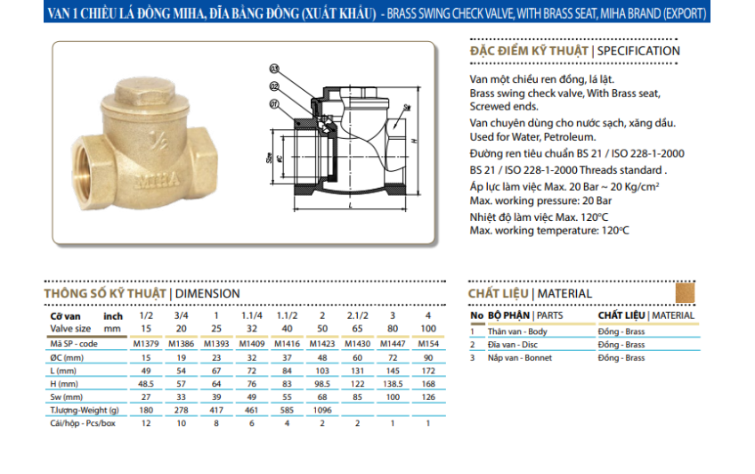 Van Một Chiều Đồng Lá Lật MIHA - PN16