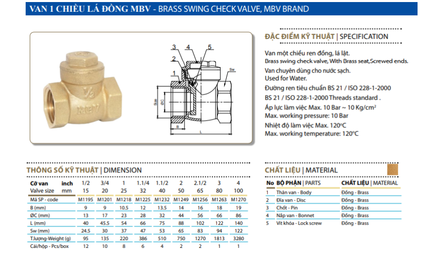 Van Một Chiều Đồng Lá Lật MBV - PN10