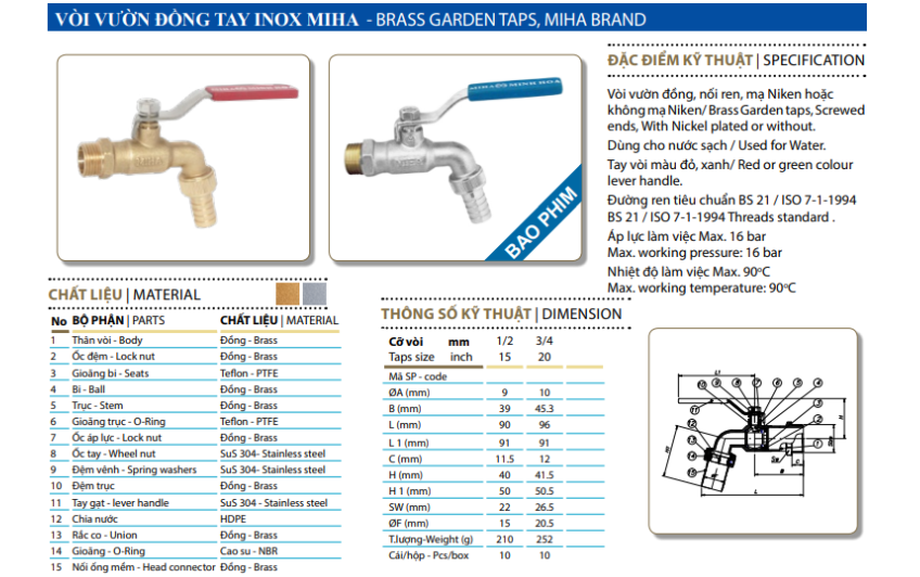 Vòi Vườn Đồng Tay Inox MIHA