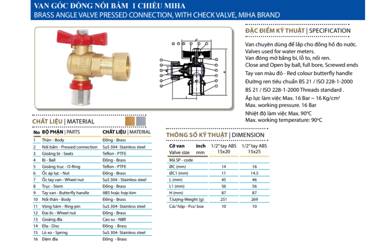 Van Góc Đồng Nối Bấm 1 Chiều MIHA