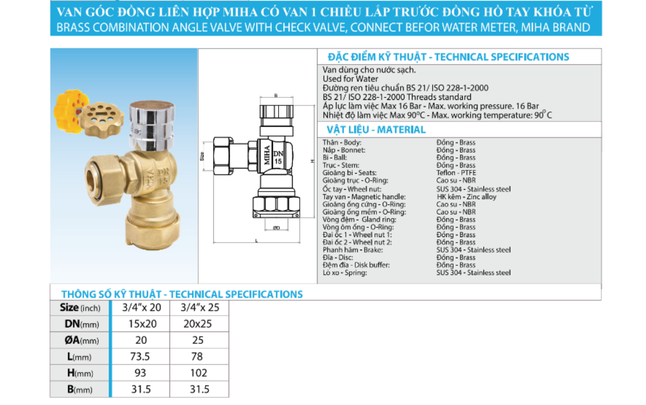 Van Góc Đồng Liên Hợp MIHA Có Van Một Chiều