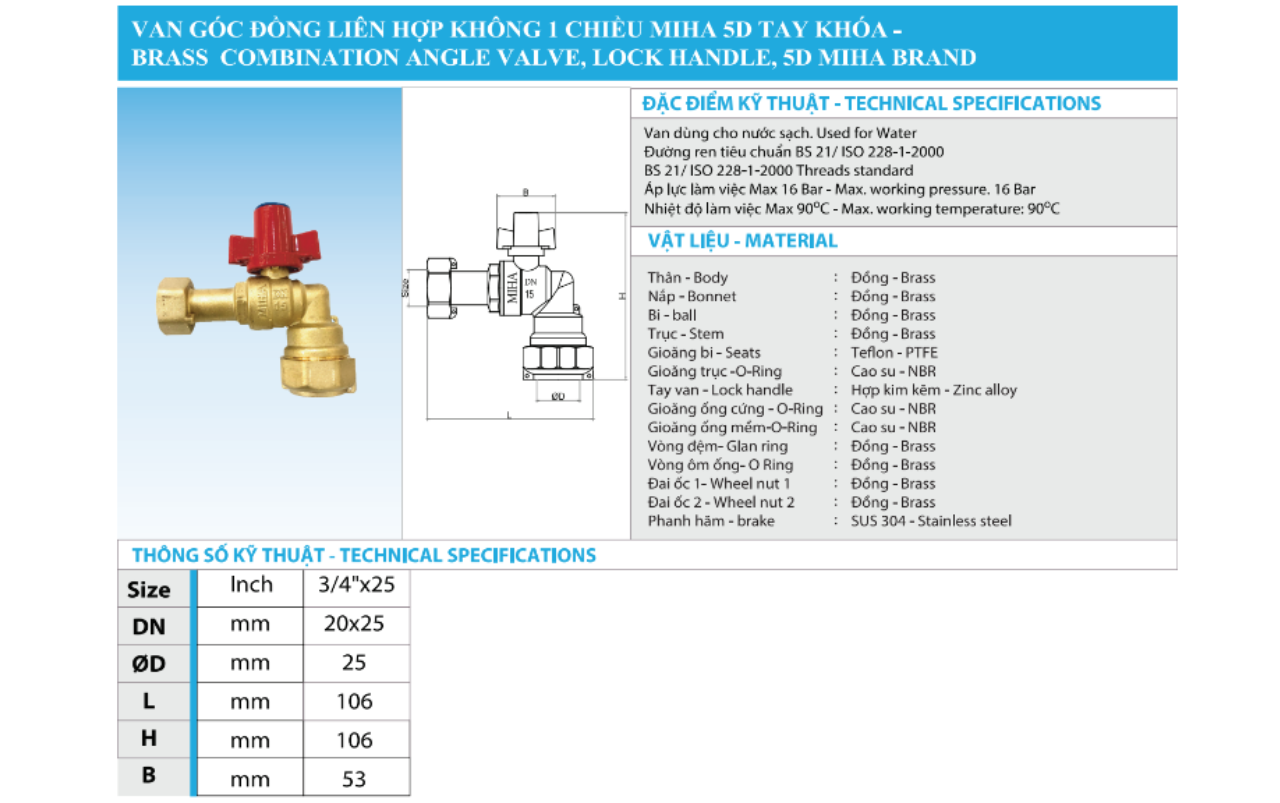 Van Góc Liên Hợp Không Van Một Chiều Đồng Loại 5D