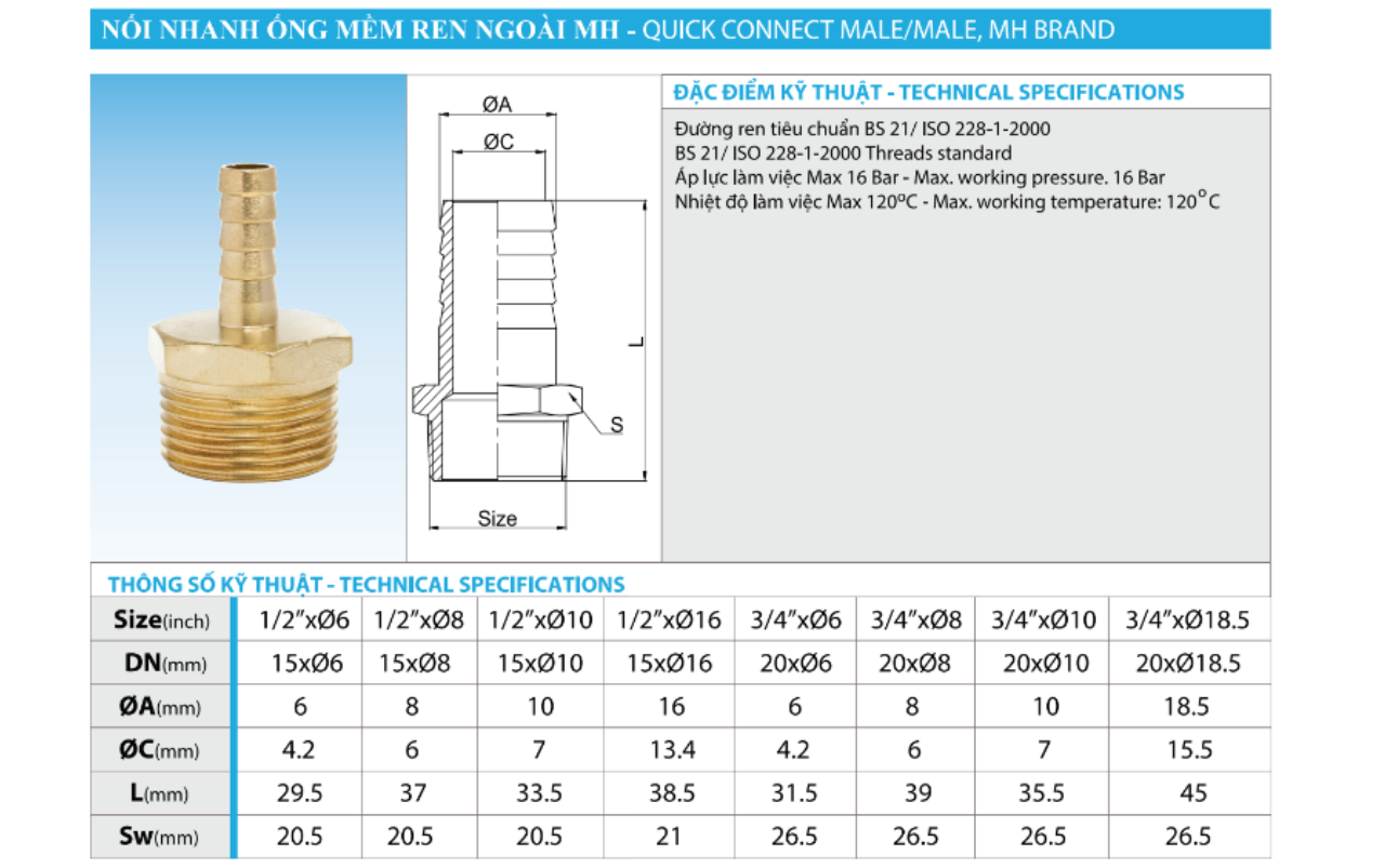 Nối Nhanh Bằng Đồng Ren Ngoài MH