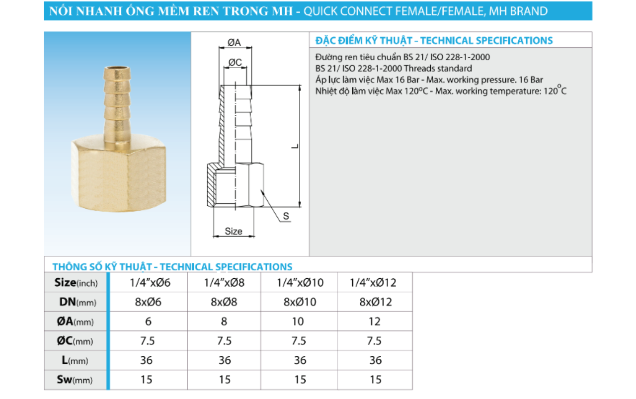 Nối Nhành Ống Mềm Bằng Đồng Ren Trong MH