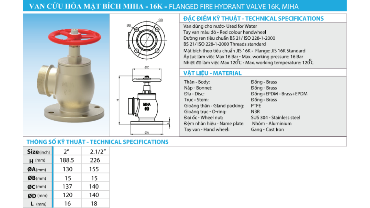 Van Cứu Hỏa Mặt Bích MIHA 16K