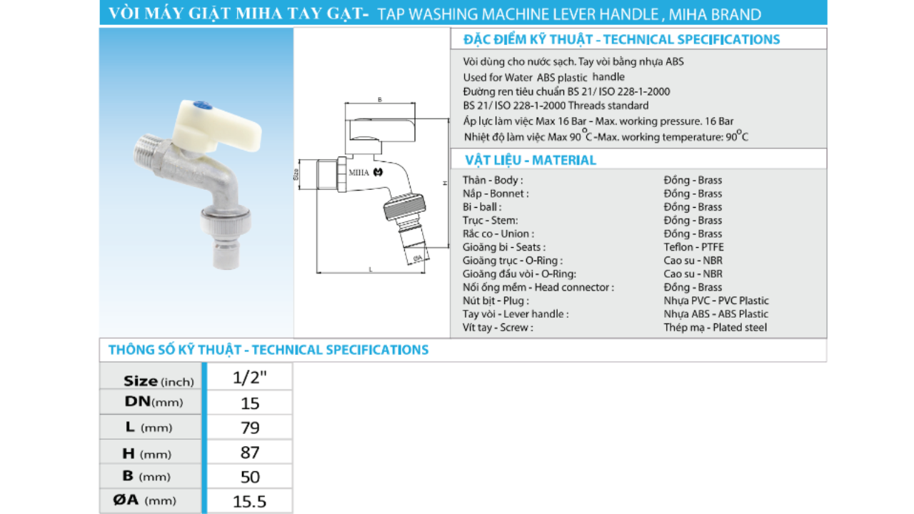 Vòi Máy Giặt Đồng MIHA-PN16