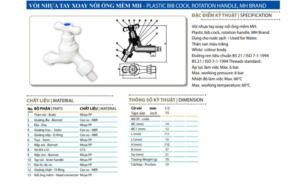 Vòi Nhựa Tay Xoay Nối Ống Mềm Nhựa MH