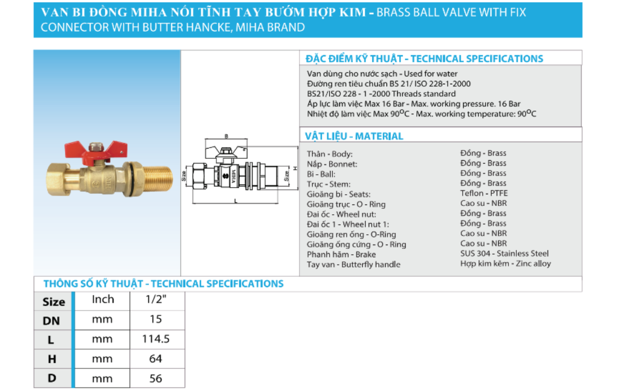 Van Bi Đồng MIHA Nối Tĩnh Tay Bướm Hợp Kim