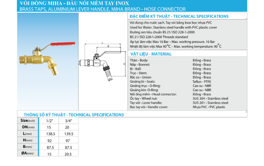 Vòi Vườn Đồng Tay Nhôm MIHA-PN16