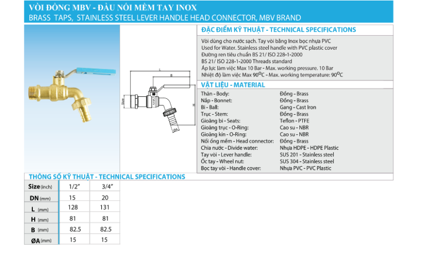 Vòi Vườn Đồng Tay Inox MBV-PN10