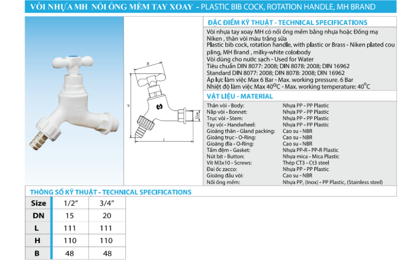 Vòi Nhựa Tay Xoay Nối Ống Mềm Đồng MH