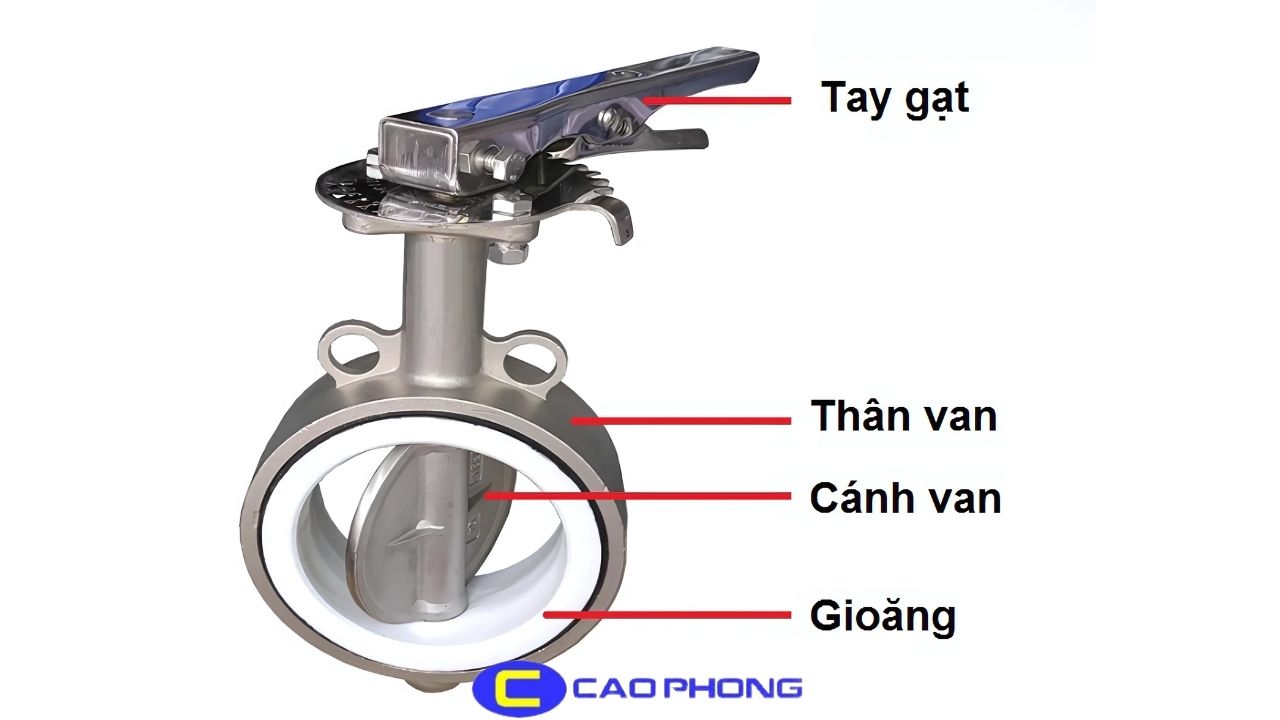 Cấu tạo van bướm inox: Thân van inox chắc chắn kết hợp với đĩa van điều tiết dòng chảy hiệu quả