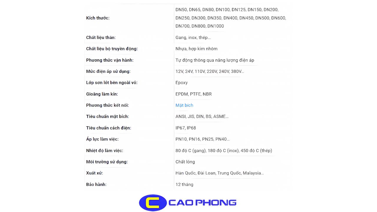 Bảng thông số kỹ thuật cơ bản của van cổng điều khiển điện cung cấp dữ liệu quan trọng từ kích thước đến áp suất hoạt động.