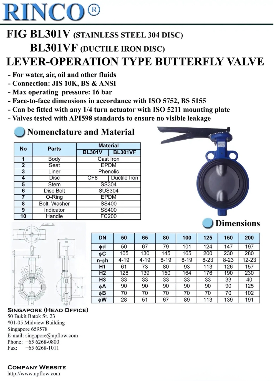 Cataloge chi tiết sản phẩm van bướm tay gạt RINCO BL301VBL301VF (1)