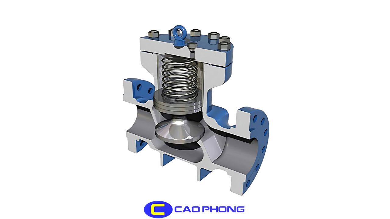 Sơ đồ mô phỏng hoạt động của van một chiều lò xo ngăn dòng chảy ngược.
