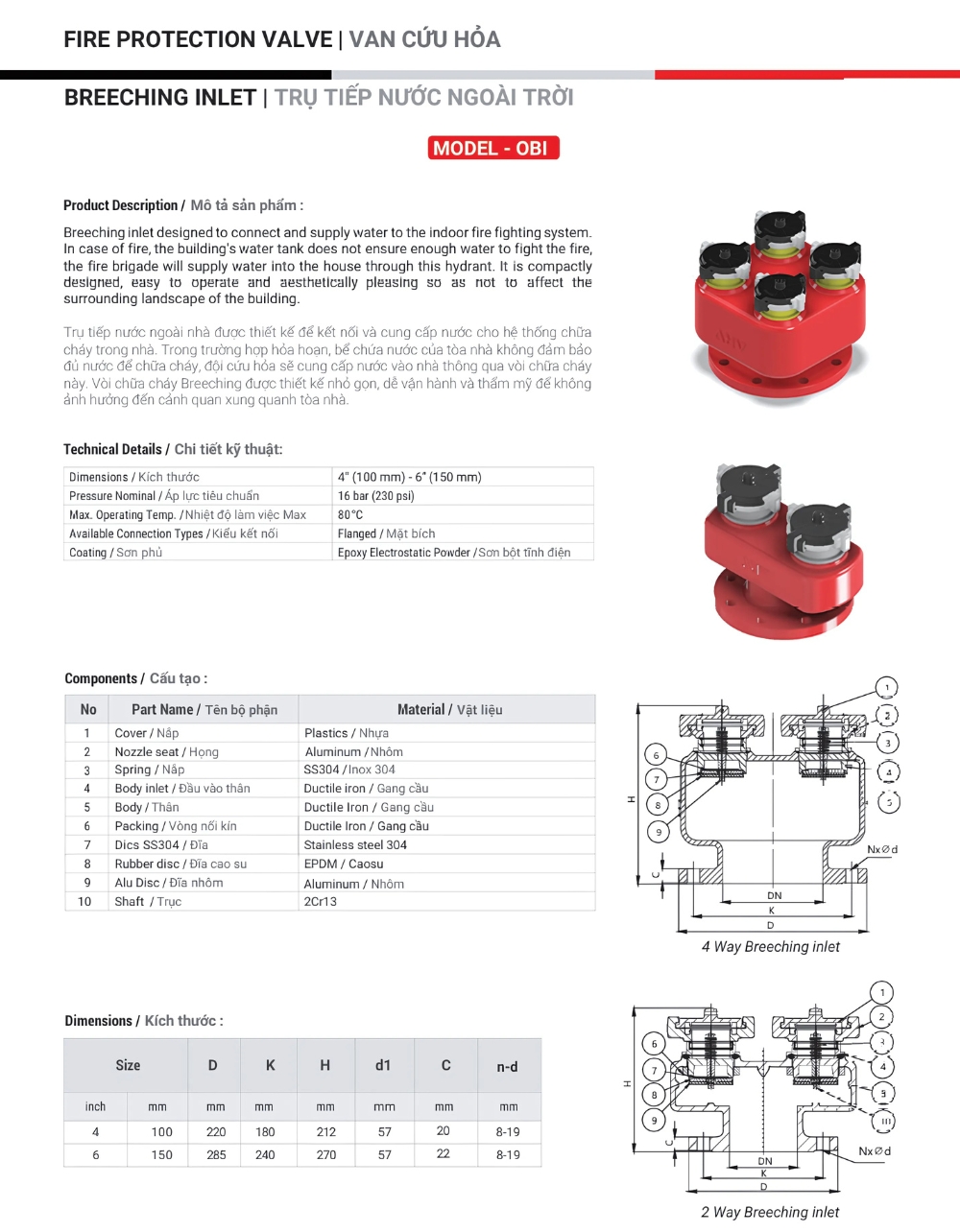 Cataloge của sản phẩm trụ tiếp nước ngoài trời ARV Model OBI