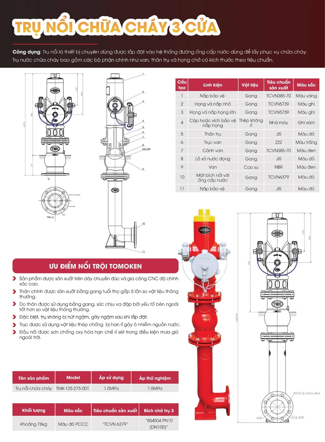 Cataloge của sản phẩm trụ nổi chữa cháy 3 cửa Tomoken