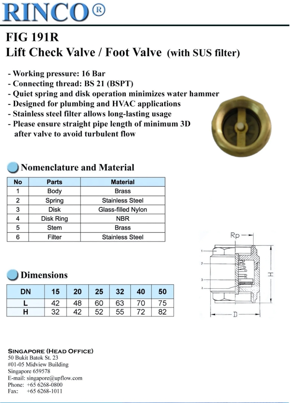 Cataloge chi tiết sản phẩm van một chiều lò xo đồng RINCO FIG 191R