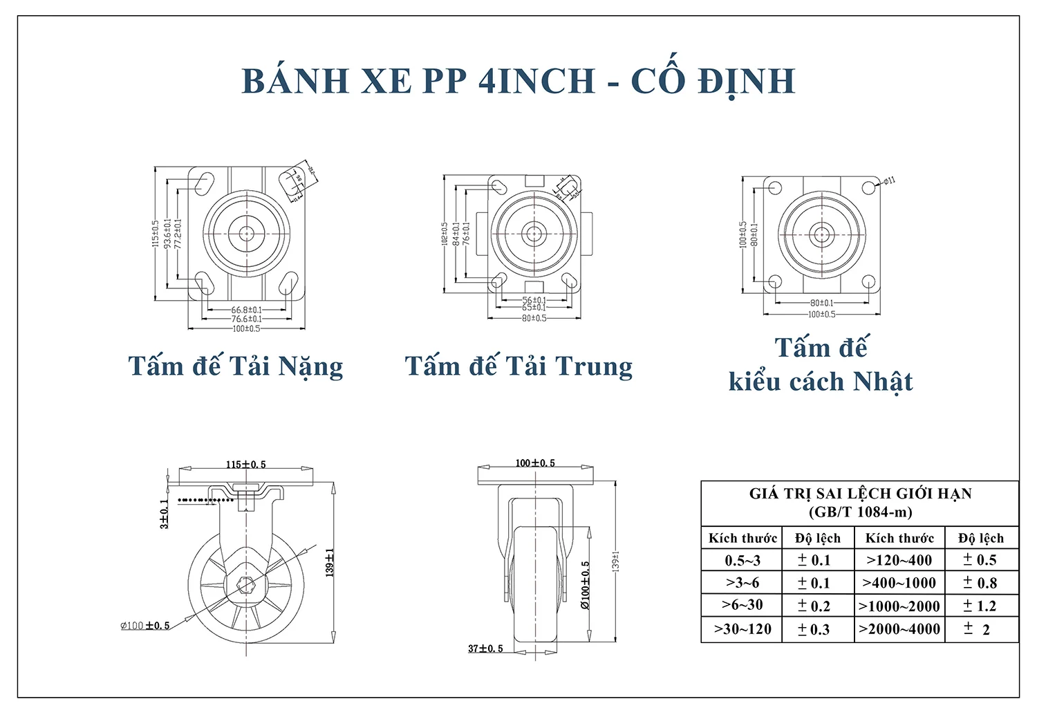 Thông số kỹ thuật bánh xe đẩy nhựa PP CP044-100 cố định