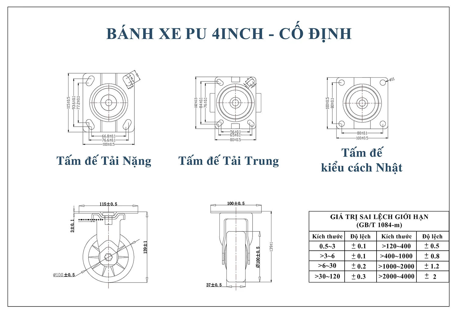 Thống số kỹ thuật bánh xe đẩy nhựa PU CP035-100 lõi nhựa cố định