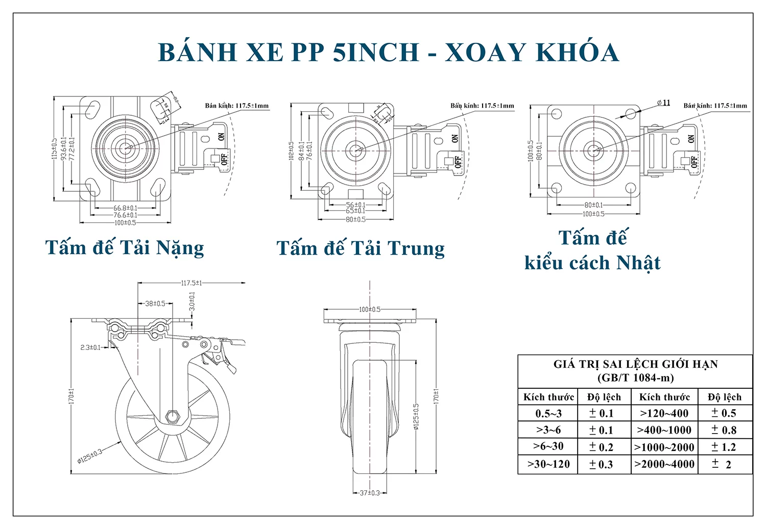 Thông số kỹ thuật bánh xe đẩy nhựa PP CP046-125 xoay có phanh