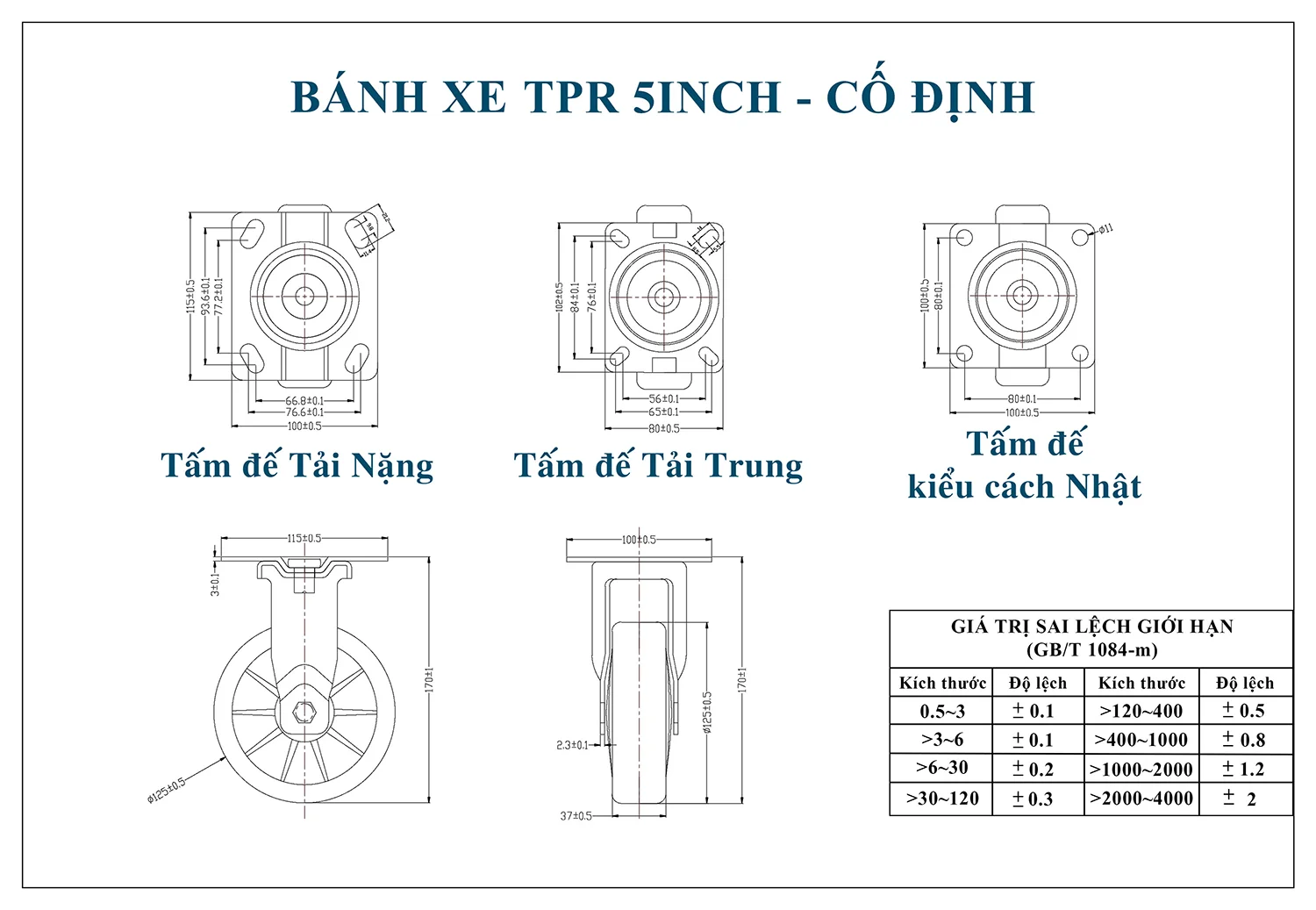 Thông số kỹ thuật bánh xe đẩy nhựa TPR CP041-125 cố định