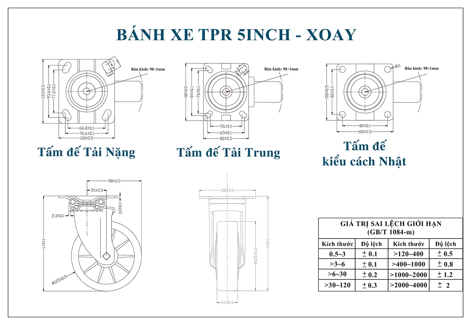 Thông số kỹ thuật Bánh xe đẩy nhựa TPR CP042-125 xoay
