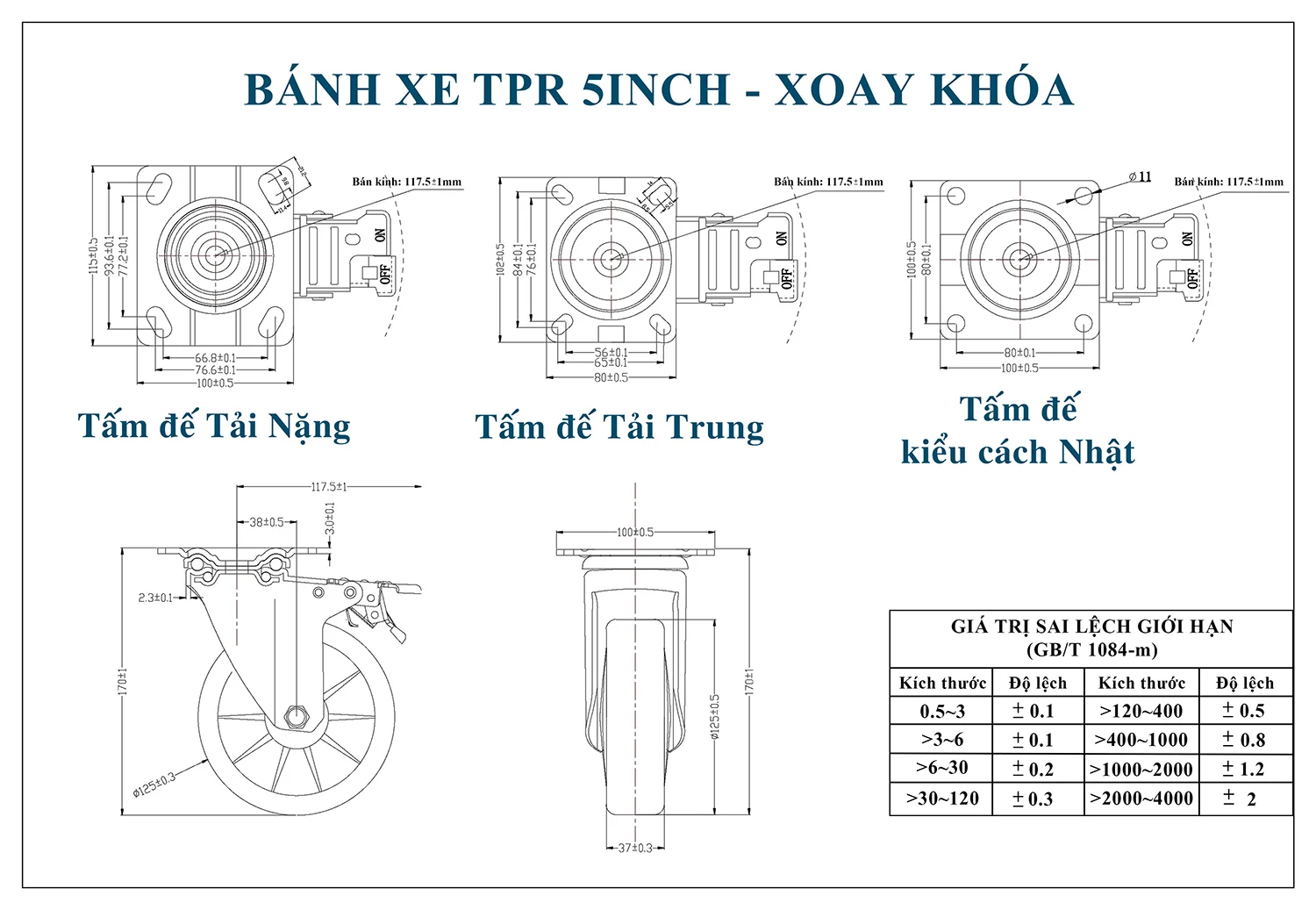 Thông số kỹ thuật bánh xe đẩy nhựa TPR CP043-125 xoay có khóa