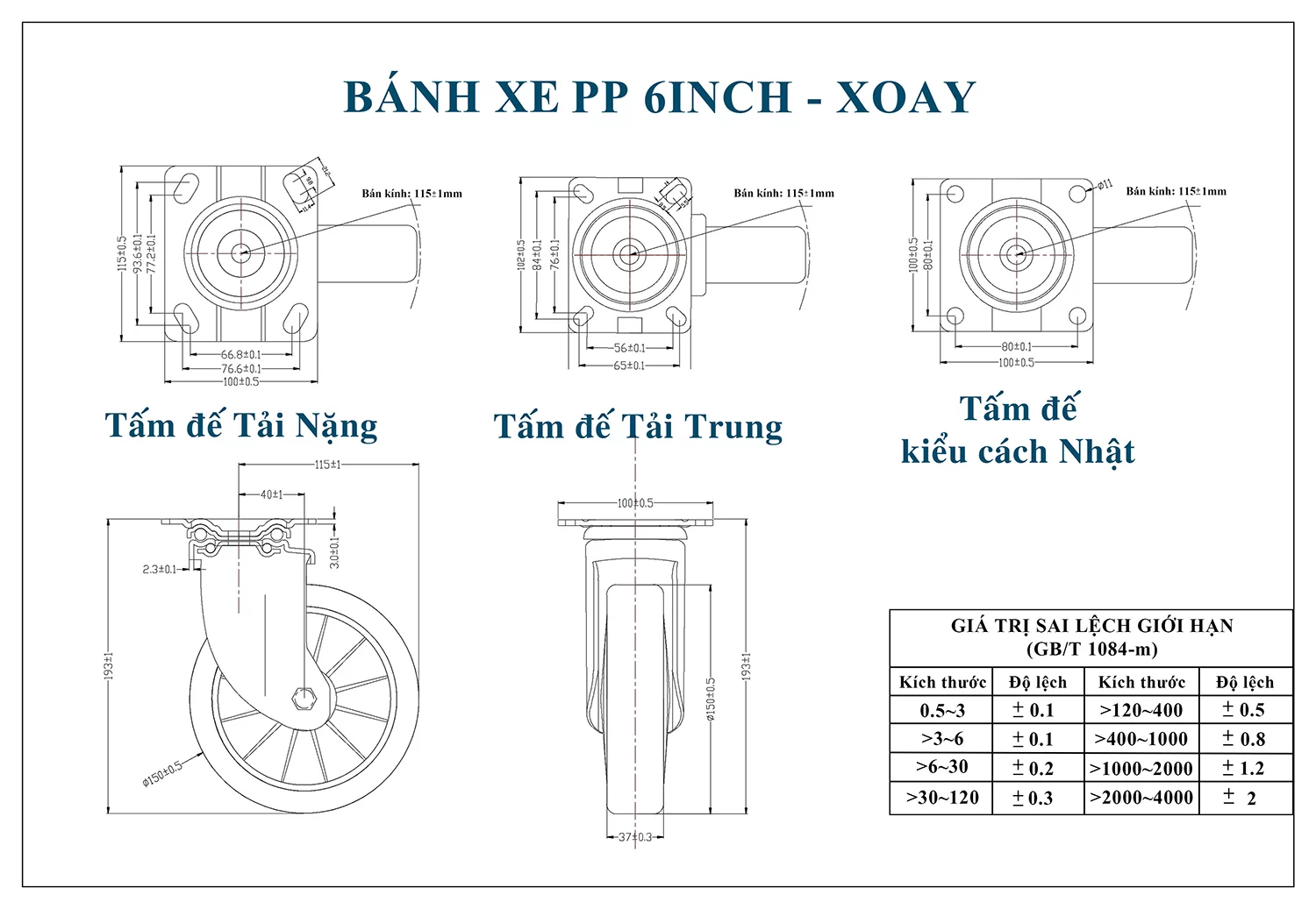 Thông số kỹ thuật bánh xe đẩy nhựa PP CP045-150 xoay