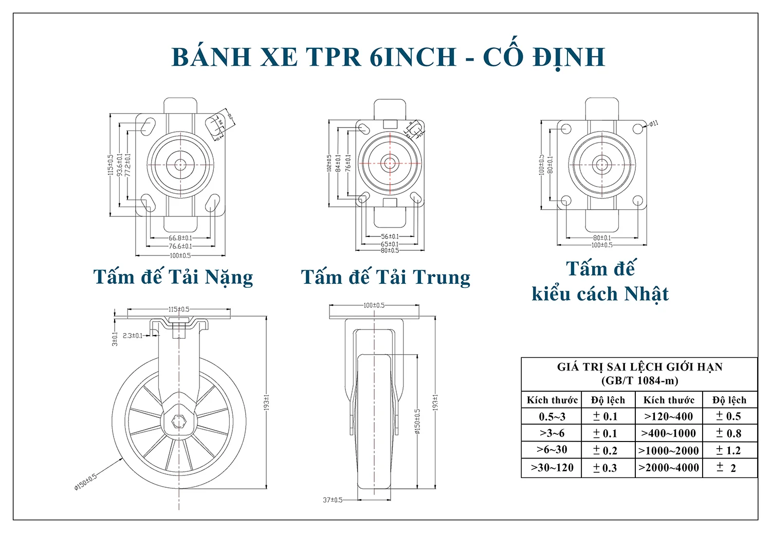 Thông số kỹ thuật bánh xe đẩy nhựa TPR CP041-150 cố định