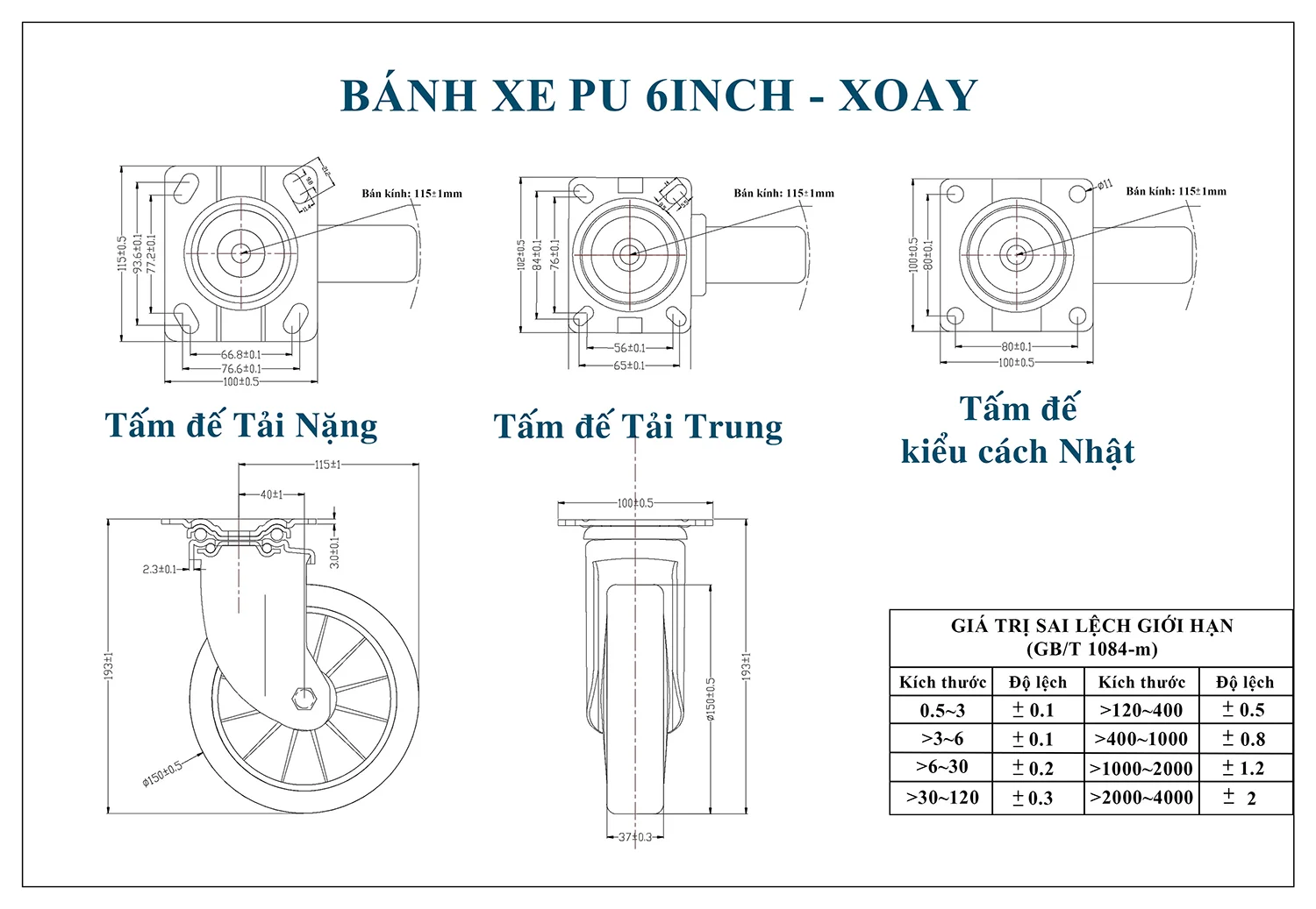 Thông số kỹ thuật bánh xe đẩy nhựa PU CP036-150 lõi nhựa xoay