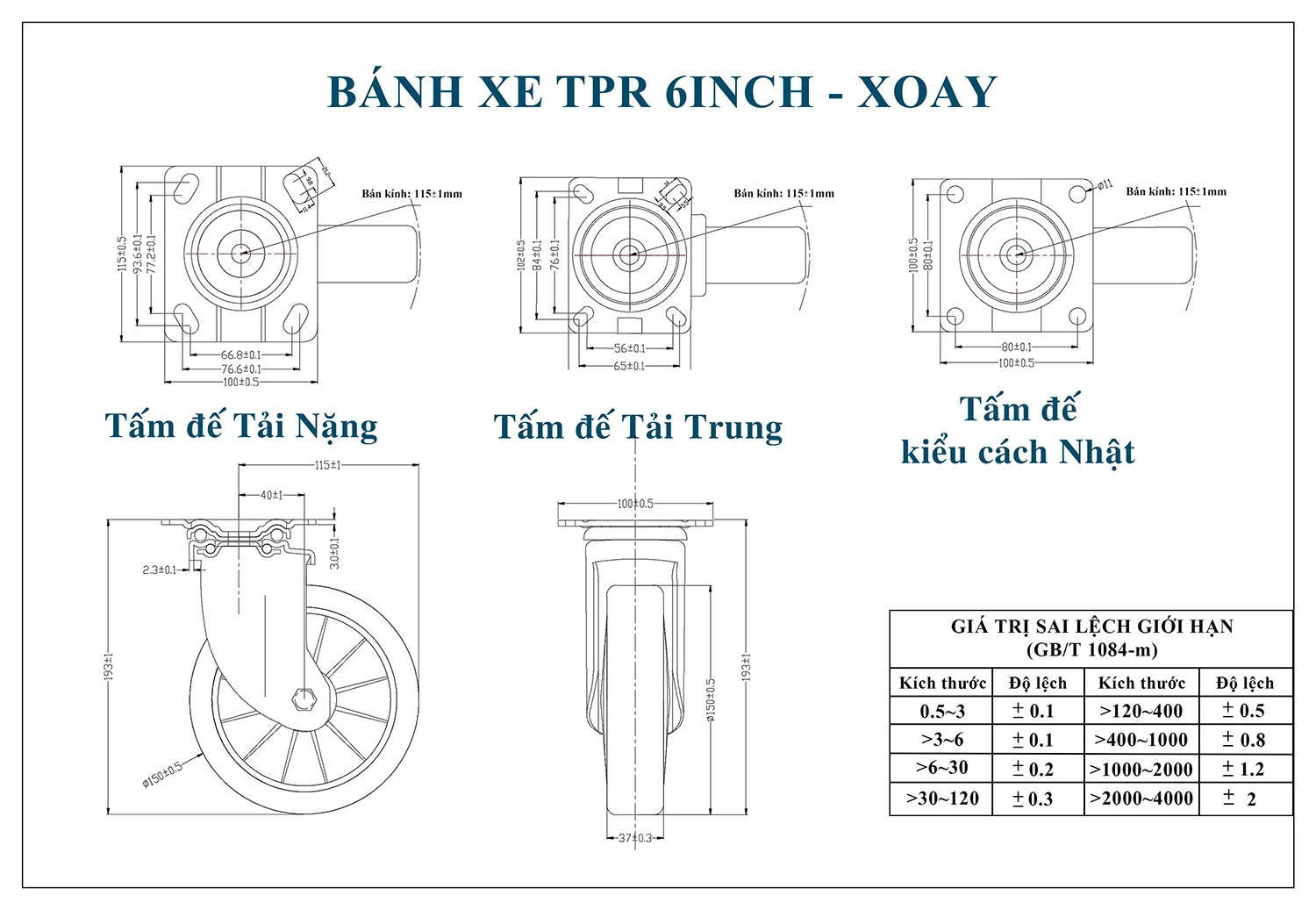 Thông số kỹ thuật Bánh xe đẩy nhựa TPR CP042-150 xoay