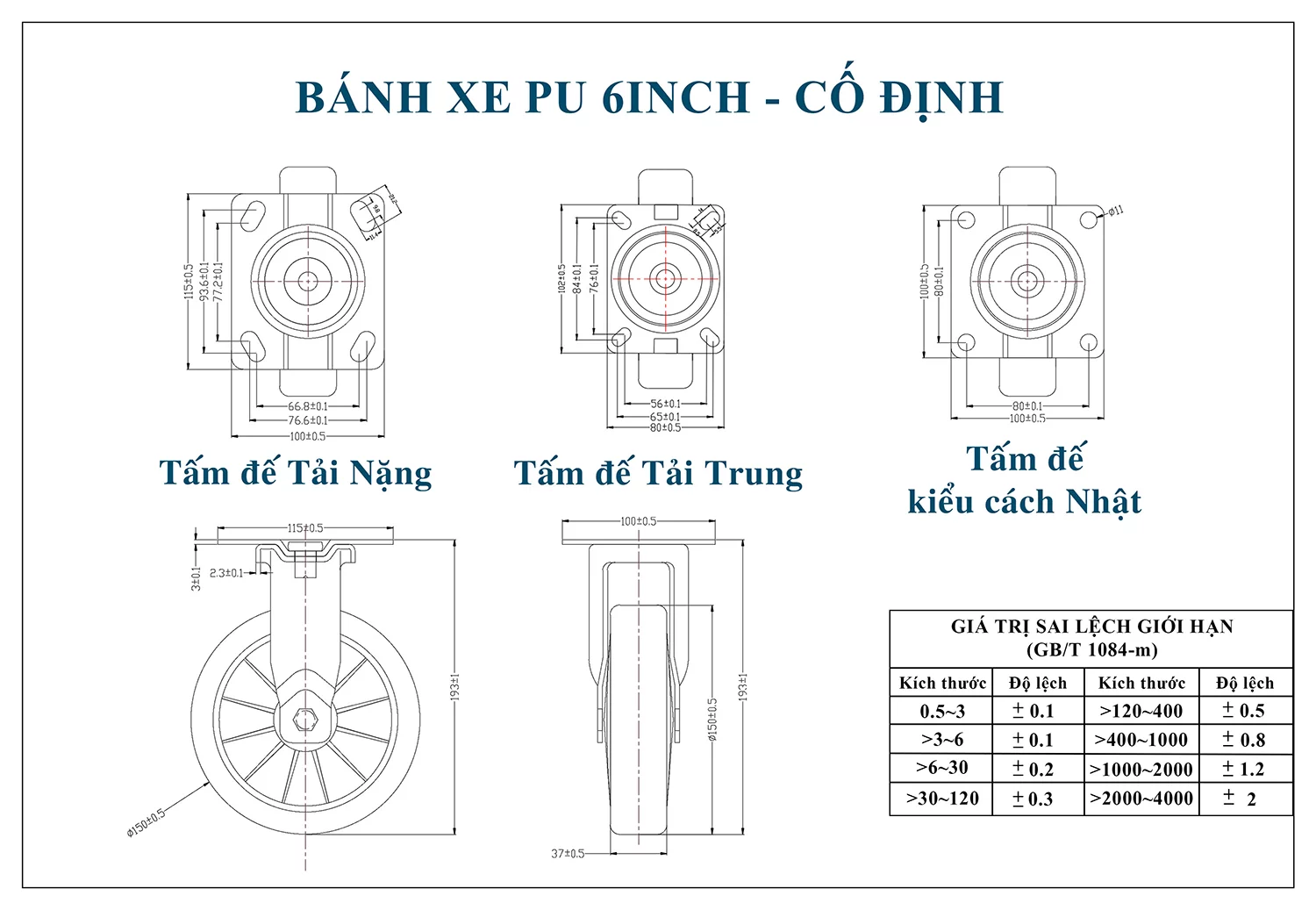 Thống số kỹ thuật bánh xe đẩy nhựa PU CP035-150 lõi nhựa cố định