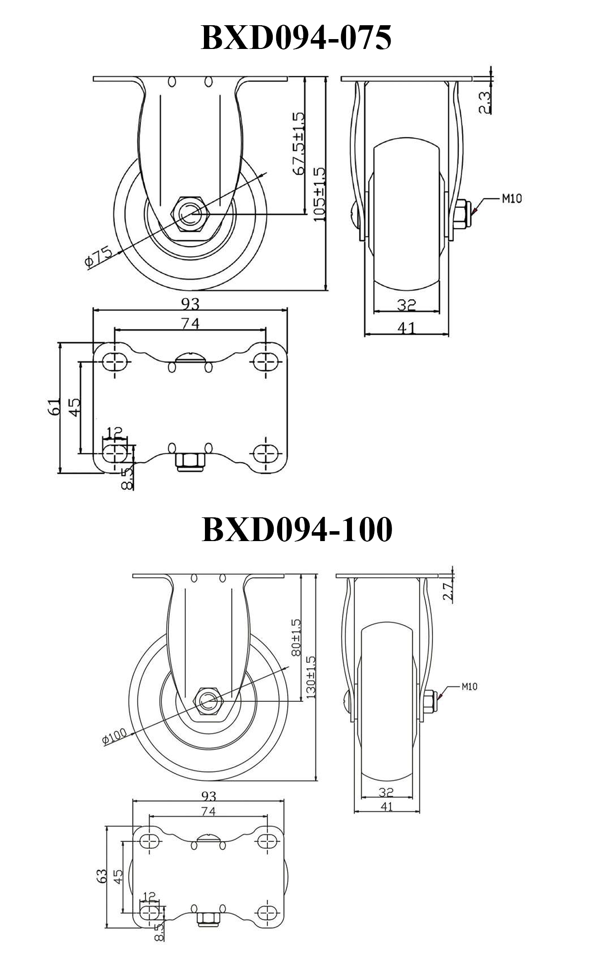 Thông số kỹ thuật bánh xe đẩy TPR tĩnh điện CP098, CP099, CP100