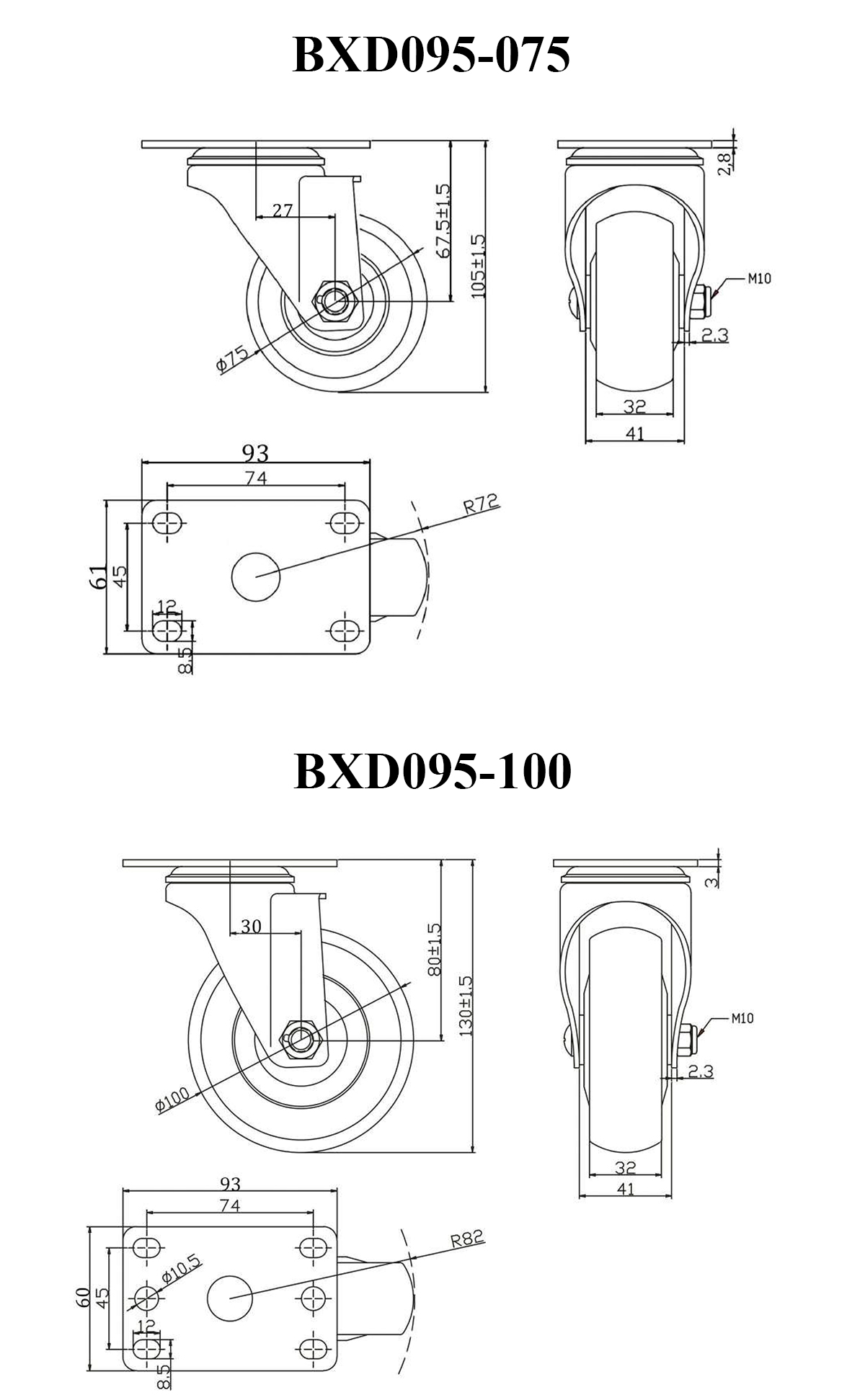 Thông số kỹ thuật bánh xe đẩy TPR tĩnh điện CP098, CP099, CP100