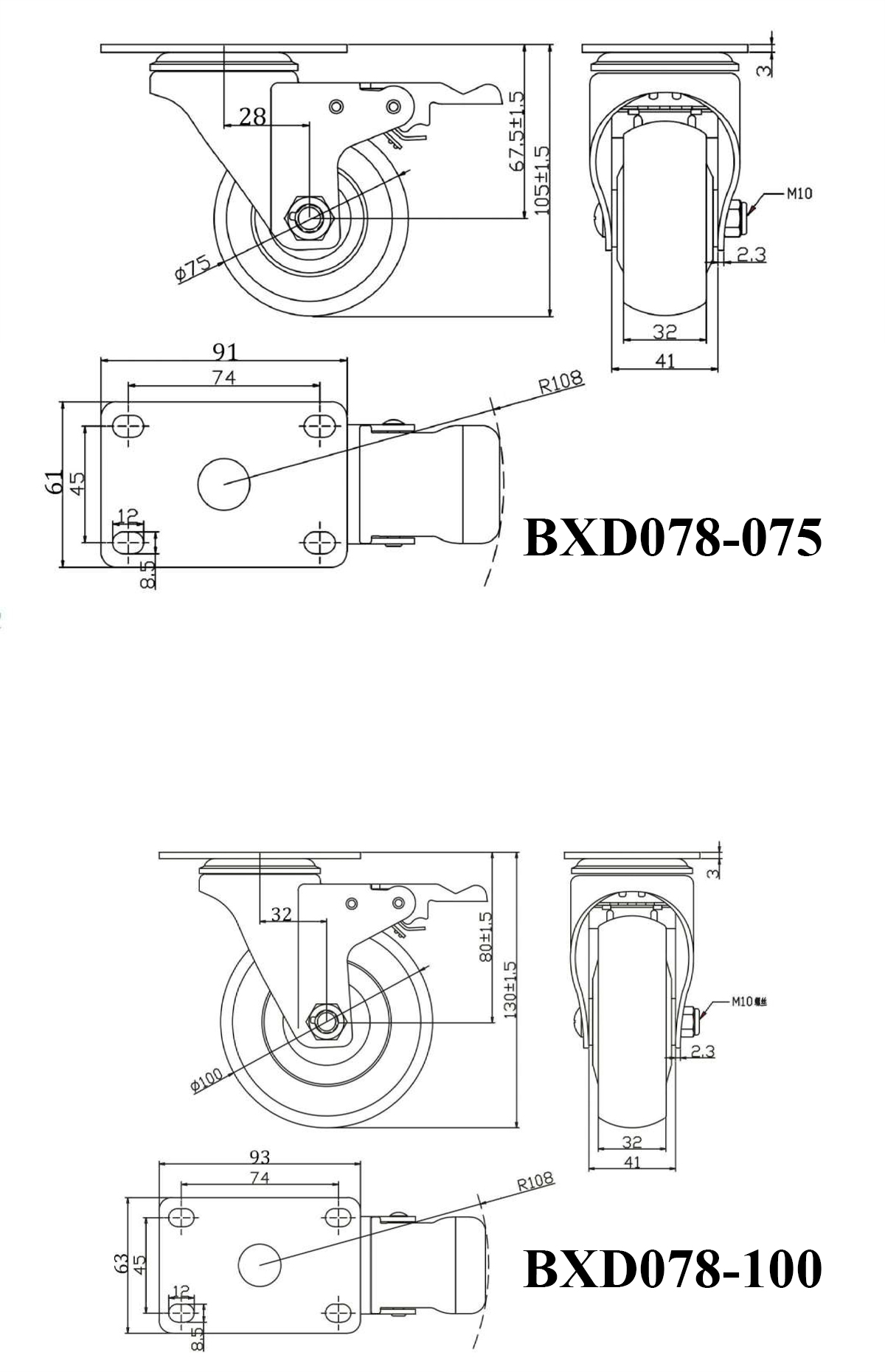 Thông số kỹ thuật bánh xe đẩy TPR xanh lam CP086, CP087, CP088