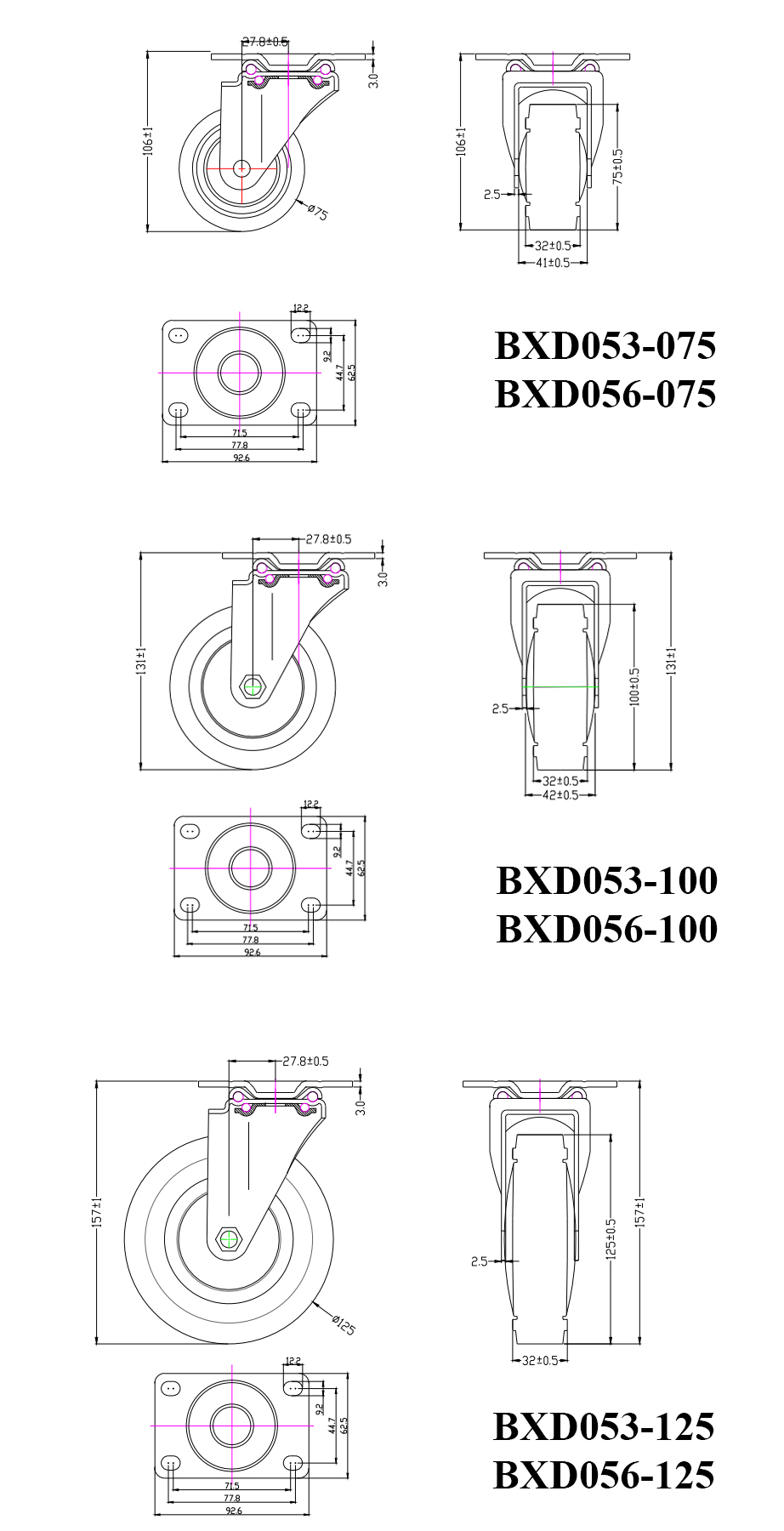 Thông số kỹ thuật bánh xe đẩy hàng BXD053 và BXD056