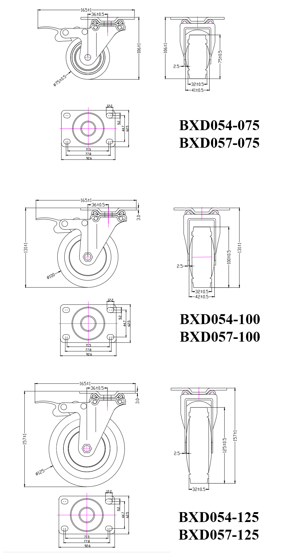 Thông số kỹ thuật bánh xe đẩy TPR tĩnh điện CP098, CP099, CP100