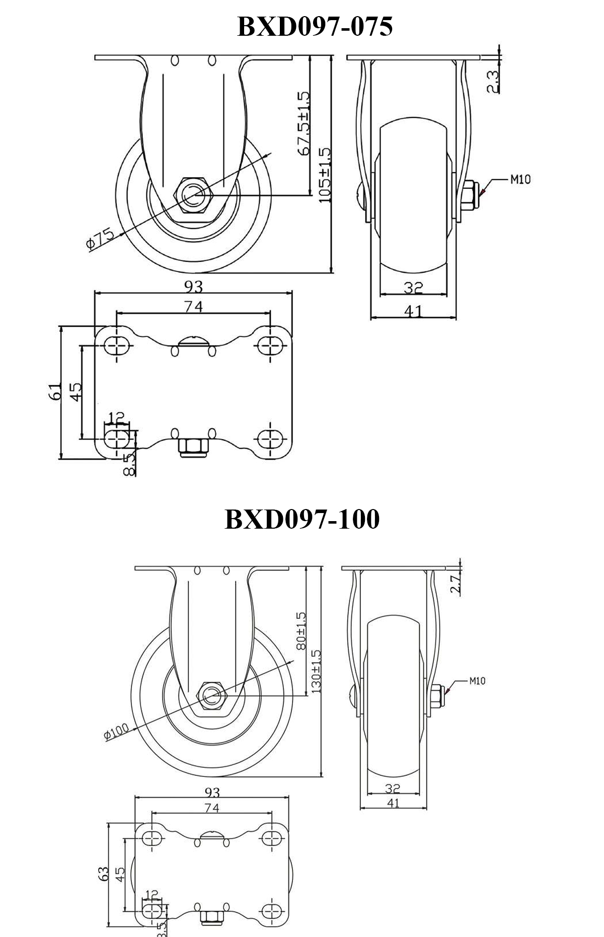 Bảng thông số kỹ thuật bánh xe đẩy nhựa PP xám CP089, CP090, CP091