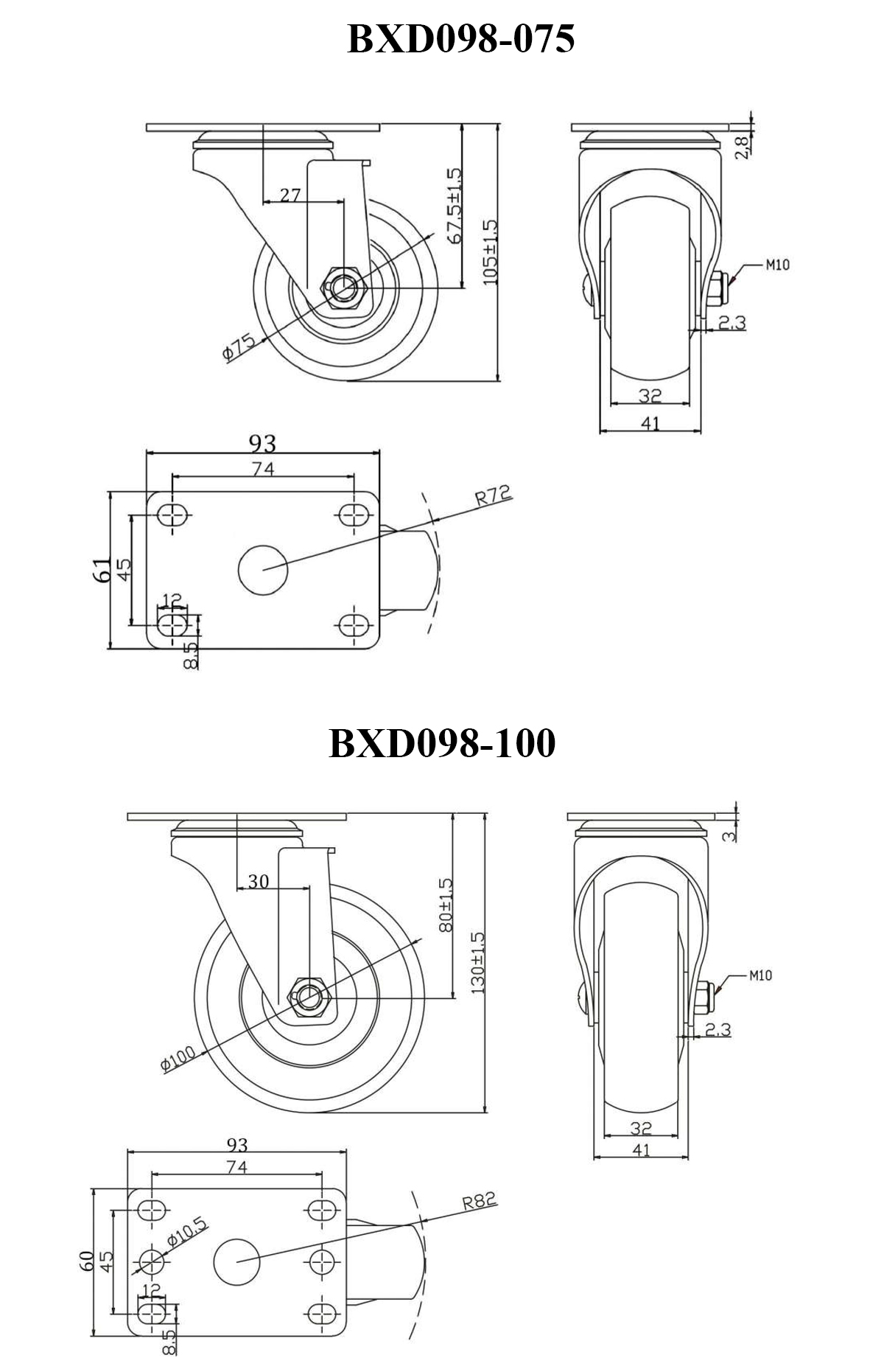Bảng thông số kỹ thuật bánh xe đẩy nhựa PP xám CP089, CP090, CP091