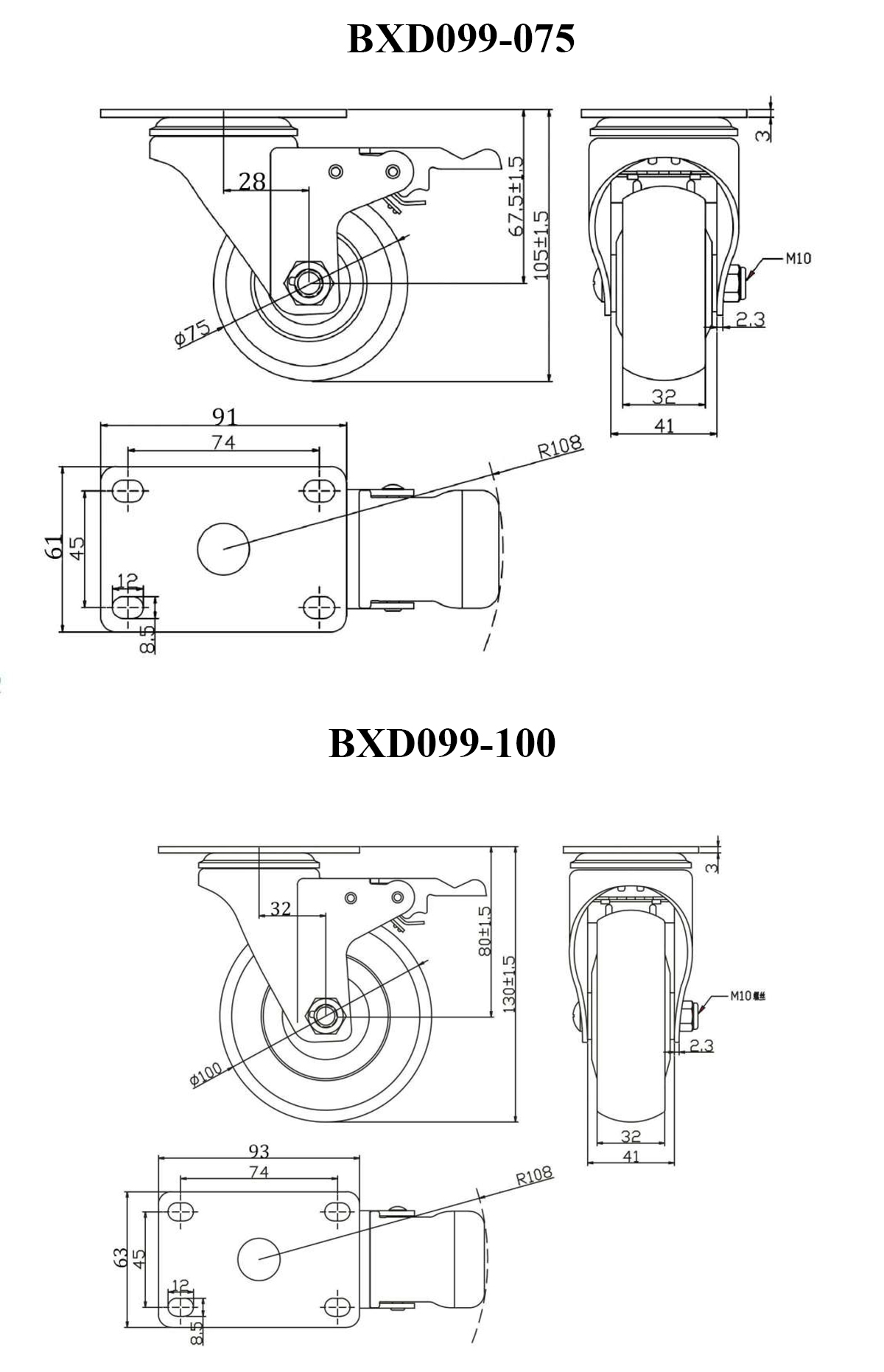 Bảng thông số kỹ thuật bánh xe đẩy nhựa PP xám CP089, CP090, CP091