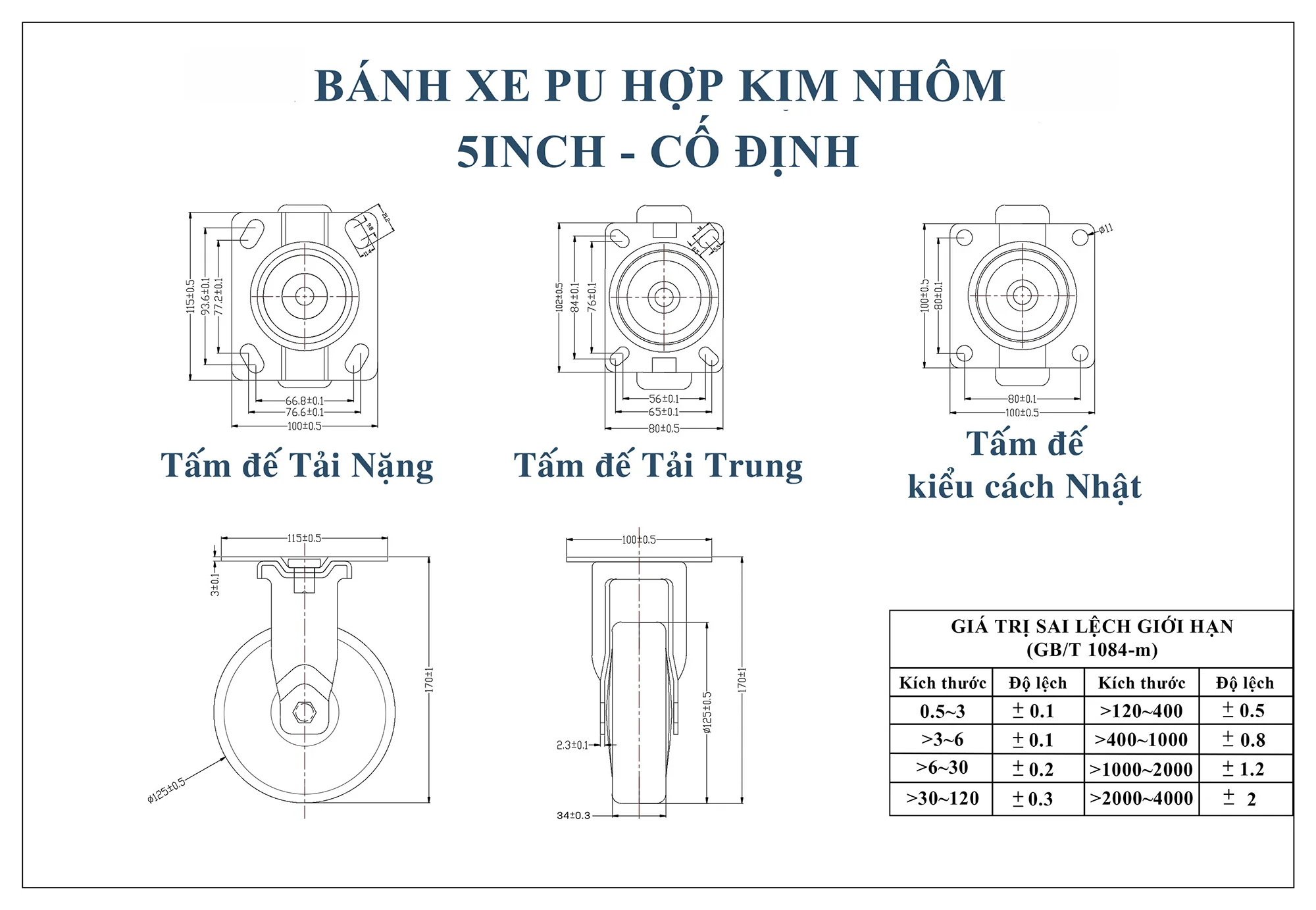 Thống số kỹ thuật bánh xe đẩy nhựa PU CP035-125 lõi nhựa cố định