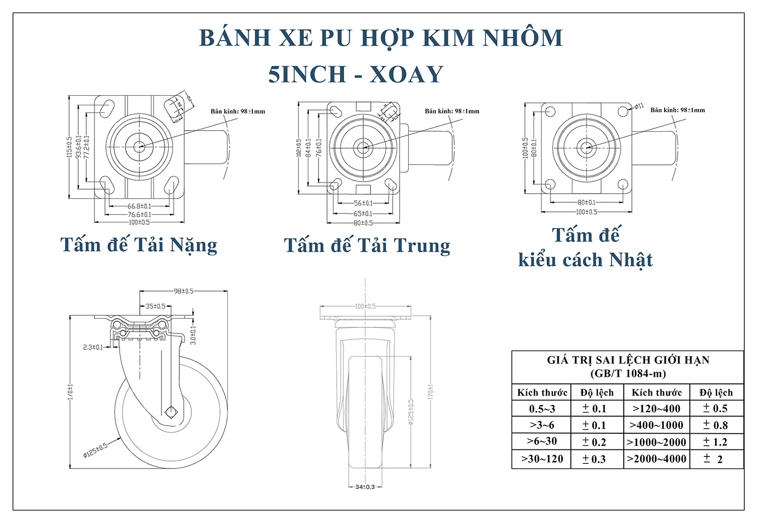 Thông số kỹ thuật bánh xe đẩy nhựa PU CP033 lõi nhôm xoay