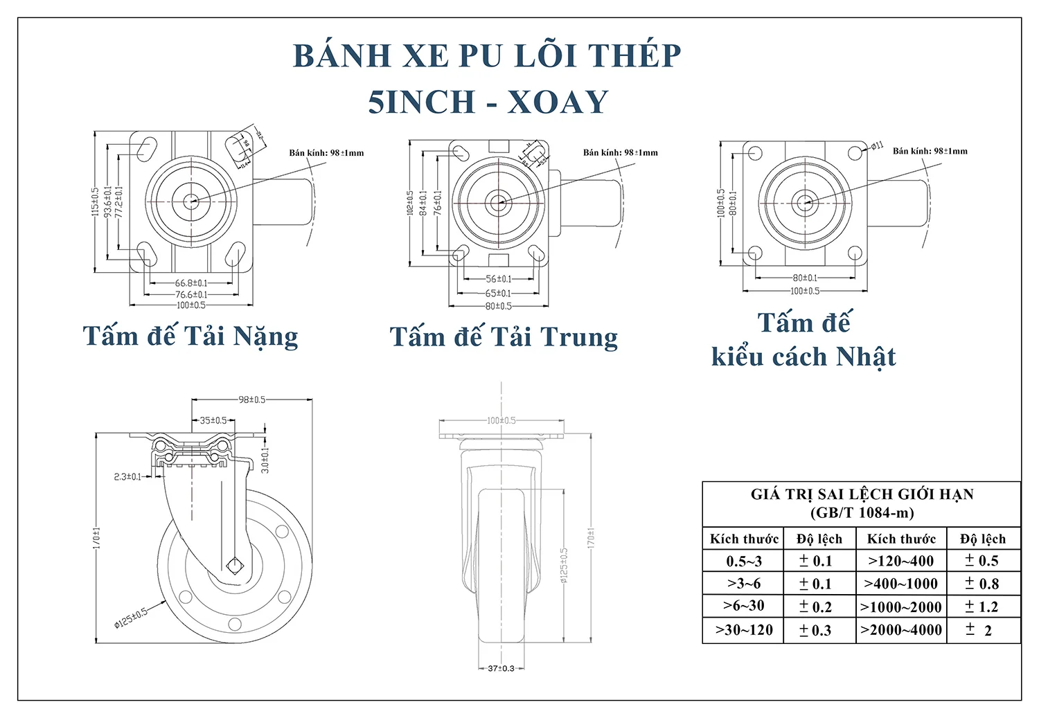 Thông số kỹ thuật Bánh xe đẩy nhựa PU CP039 lõi thép xoay