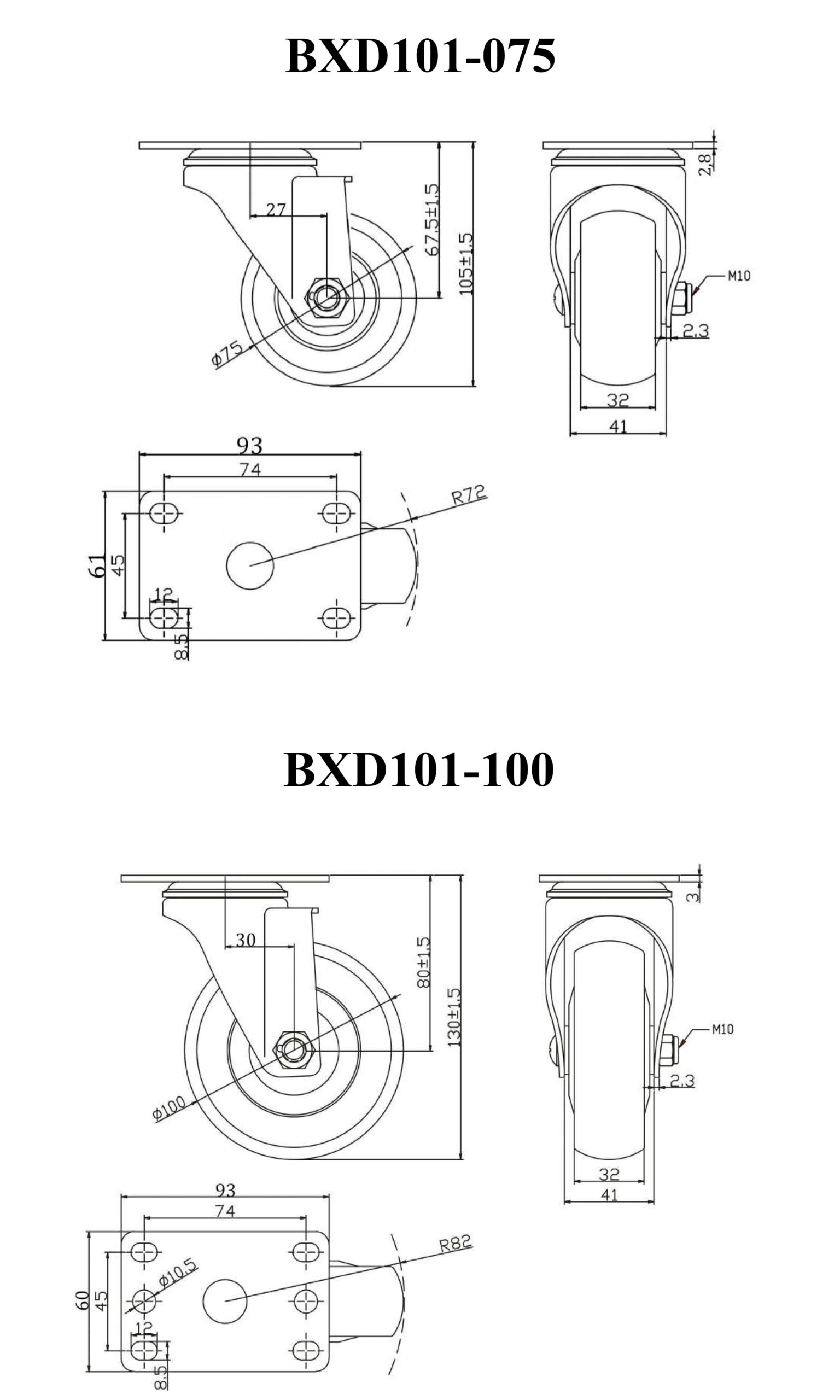Bảng thông số kỹ thuật bánh xe đẩy nhựa TPR CP092, CP093, CP094