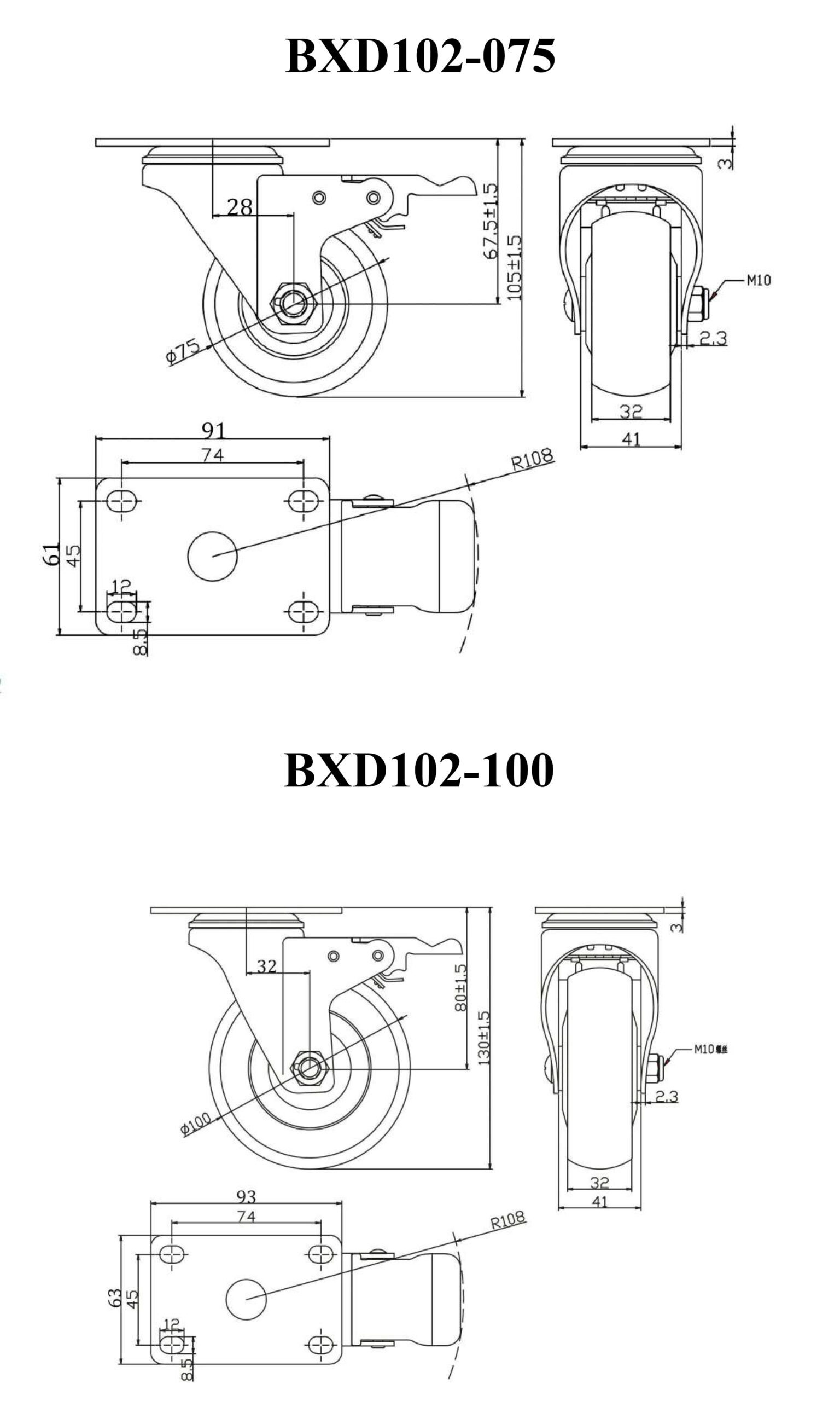 Bảng thông số kỹ thuật bánh xe đẩy nhựa TPR CP092, CP093, CP094