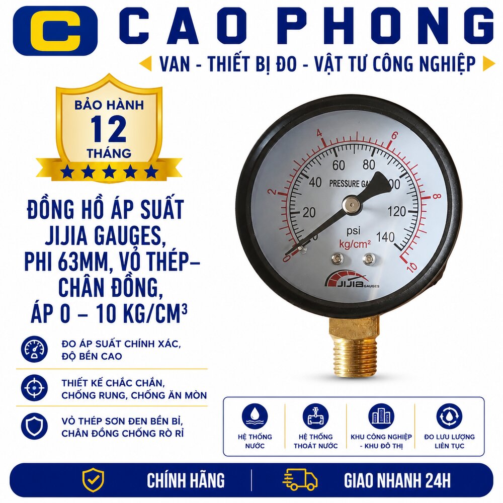 Đồng hồ áp suất Jijia Gauges phi 63mm vỏ thép chân đồng áp 0-10 kg/cm3 - Cao Phong Đồng hồ áp suất Jijia Gauges phi 63mm vỏ thép chân đồng áp 0-10 kg/cm3 - Cao Phong