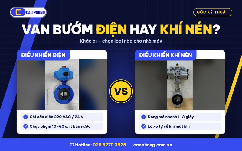 So sánh van bướm điều khiển điện và van bướm điều khiển khí nén - ảnh thực tế Cao Phong