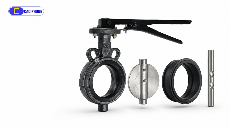 Cấu tạo van bướm gang: thân gang, đĩa inox, gioăng EPDM, trục